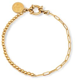 SINGULARU - Pulsera Chic Pebbles. Acero con Acabado en Baño Oro de 18Kt. Eslabones Rectangulares y Bolitas de Acero. Largo de 18 cm. Joyas para Mujer