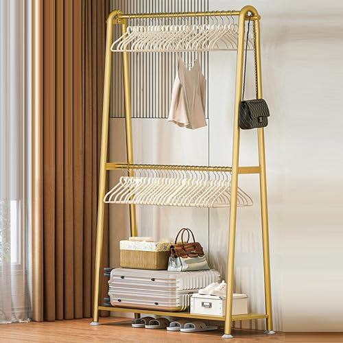 ZEOPLE Kleiderständer mit Regalen, Garderobenständer mit Doppelstange, Kleiderstange zum Aufhängen von Kleidung, tragbarer Kleider-Organizer für Schlafzimmer, Garderobenständer(Gold,60cm/23.6in)