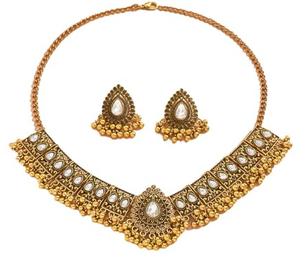 Parure di gioielli indiani tradizionali bohémien per donne e ragazze, in argento anticato ossidato etnico festa ballo di fine anno, collana con ciondolo a forma di fiocco punk e cristallo regalo