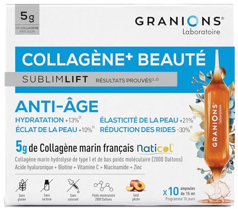 Collagene Marin 5g - Granions Sublimlift - Anti Age - Ampoules - Gout Peche | Collagene Et Acide Hyaluronique, Hydratation et Eclat De La Peau, Riche En Vitamine C, Anti Rides, Collagene Hydrolysé