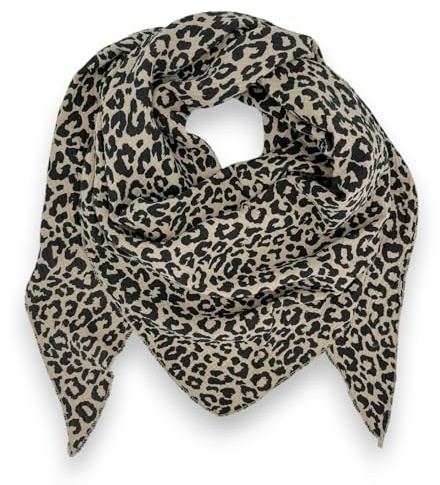 Damen Musselin Tuch Baumwolle Leo Print 195x72 cm Made in Italy (Beige-Schwarz)