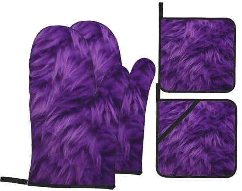 Purple Oven Mitts And Pot Holders 4 Pcs Set - Anti-Skid Oven Gloves, Insulated Microwave Oven Mitts And Cooking Mitts For Kitchen Baking Bbq Grilling
