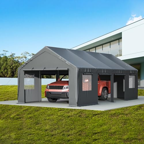 Thanaddo Carport 13'x25'x10' Heavy Duty with Roll-up Sidewall and Ventilated Windows, Portable Outdoor Garage for Car, SUV, Boat, Gray