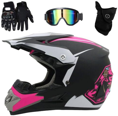 Kinder-Motocross-Helm mit Schutzbrille, Handschuhen, Maske, Vollgesichts-ATV-Offroad-Rennmotorradhelm für Erwachsene(Pink Ghost Head,S(52-53cm))