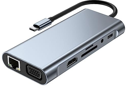 Qusedwey 11 in 1 Type C Dock USB Hub 3.0 Splitter Multiport Adapter 4K -Compatible RJ45 SD/TF VGA PD Audio Jack Ethernet Port USB to Type C Adapter,