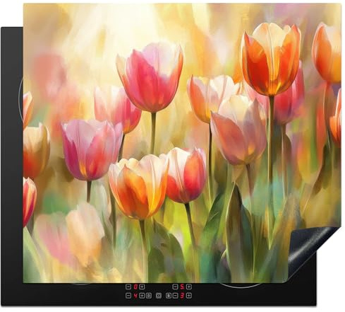 KitchenYeah© Herdabdeckplatte Einteilig Ceranfeld Abdeckplatte Küche Deko | 60x52 cm - Ceranfeldabdeckung Herdabdeckung Induktionsmatte Tulpen - Märchenhaft - Farbenfroh