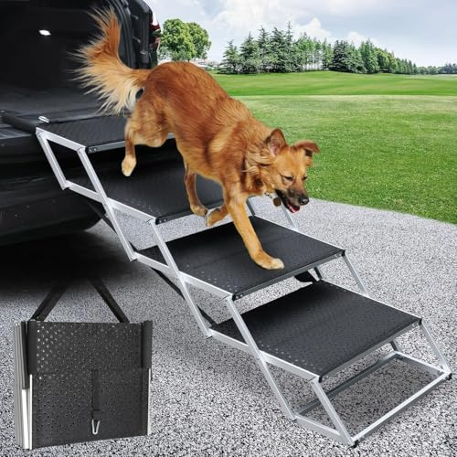 SDLDEER Hundetreppe Auto, Hunderampe Auto klappbar, Einstiegshilfe Hund Auto für alle Fahrzeuge nutzbar, Höhenverstellbar, Belastbar bis 80 kg (4 Stufen 70-90cm)
