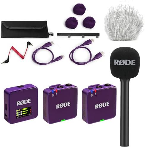 Rode Wireless GO Gen 3 - Sistema wireless per microfono a 2 canali, viola con intervista GO adattatore manuale e protezione antivento Keepdrum