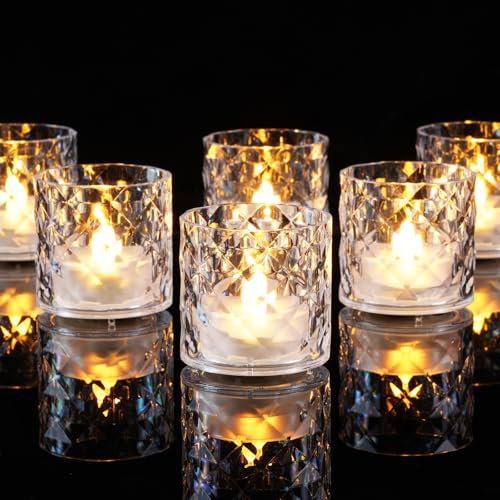 Homemory 2 x 2 Acrylic Votive Candle Holders with Auto Timer Flameless Led Tealight, Battery Powered Fake Electric Candles for Wedding Centerpiece, Table, Christmas Decor (12Pack, Clear Base)