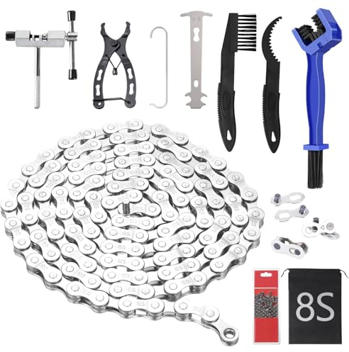 6 7 8 Gang Fahrradkette Kettennieter für Rennrad Mountainbike, Ebike Kette Bike Chain Schaltungskette Fahrrad Werkzeug Set mit Kettenschloss Zange Kettenbrecher Kettenprüfer Reinigungsbürste