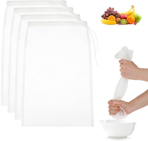 OUDQFCJ 4 Pezzi Sacchetti per Latte di Noci Riutilizzabili in Nylon a Maglia Fine, Filtro Lavabile con Coulisse per Latte di Noci, Formaggio, Caffè, Yogurt, Succo di Frutta