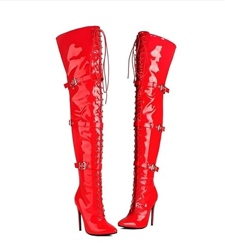 Veelau Meieer Stivali da donna sopra al ginocchio, punta chiusa, stiletto, tacco alto, in vernice, con allacciatura e fibbie, Colore: rosso, 44 EU