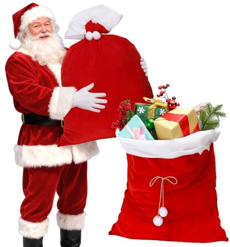 TAXTYHRE Saco de Papa Noel, Saco de Papá Noel de Navidad, Bolsa de Navideña de Terciopelo, con Cordón y Pompones, para Rellenar Regalos, Juguetes y Decoraciones Navideños, 70 x 50 cm