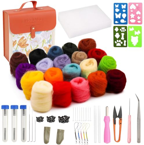Nadelfilz Set in 20 Farben, Filzwolle Trockenfilzen Starterset mit Filznadeln, Nadelfilzunterlage und Aufbewahrungsbox, Filzset zum Nassfilzen und Trockenfilzen für Anfänger DIY Filz Tier Handwerk