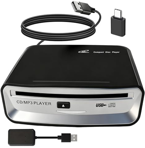 Doikce Portable CD Player for Car, External USB Compact Disc Drive for Vehicles Without Built-in Audio, Advanced Anti-Skip & Resume Playback, Dual Connection for Road Trips, Black