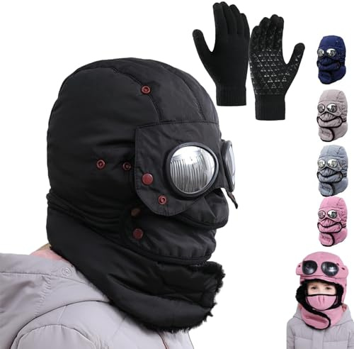 Winter Thermal Hat with Glasses, Trapper Hat with Goggles, Detachable Mask Neckband, 4 in 1 Winter Pilot Hats (Children's Black)