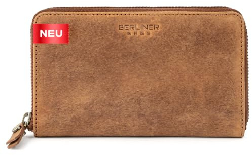 Berliner Bags Geldbörse Greta Vintage, Großes Damen Portemonnaie - Braun | Geldbörse aus Leder, groß Brieftasche Geldbeutel mit RFID-Schutz, 10 Kartenfächern, Reißverschluss & Münzfach, für Damen