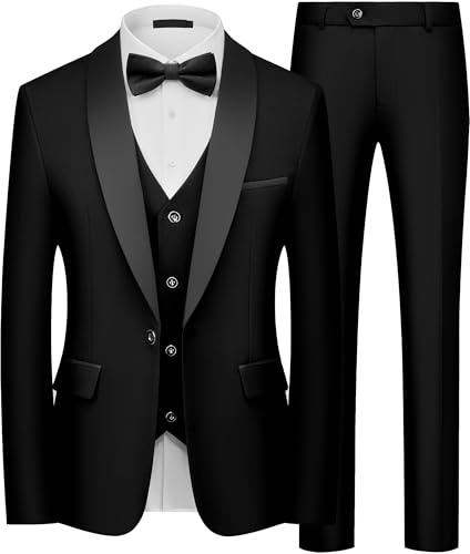 QUELDRA Abito Uomo Slim Fit 3 Pezzi, Elegante Smoking con Bavero a Scialle e 1 Bottone, Completo da Cerimonia per Matrimonio Sposa e Gala Giacca, Gilet e Pantaloni Nero XL