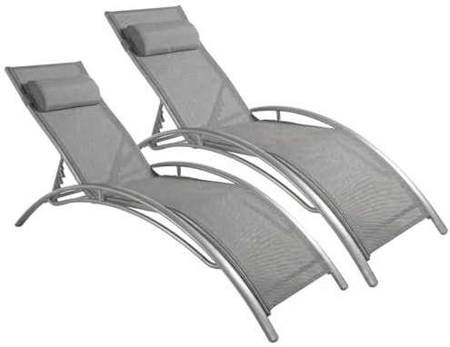 Set 2 Lettini Prendisole Reclinabili Da Giardino Con Schienale Regolabile 5 Posizioni In Textilene Traspirante Per Piscina Terrazza Relax Outdoor 59 x 158 x 81.5 Cm Grigio