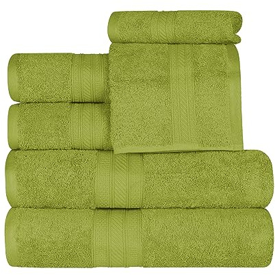 Superior Langstapelige 100% gekämmte Baumwolle, 700 g/m², langlebig, Plüsch und saugfähig, 6-teiliges einlagiges Handtuch-Set, 2 Gesichts-/Waschlappen, 2 Handtücher, 2 Badetücher, grüne Essenz