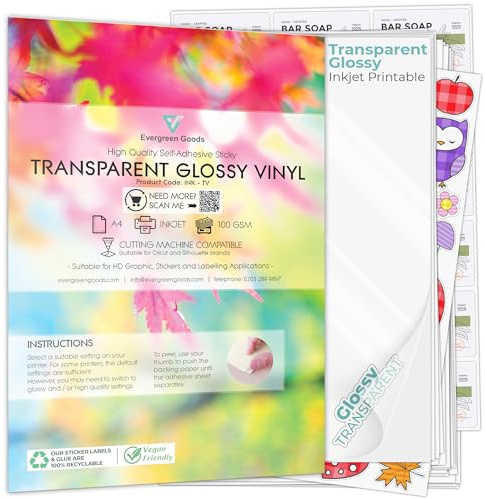 Evergreen Goods 50 Sheets A4 Glossy Transparent Self Adhesive Vinyl Sticker Paper | Inkjet Printable | Make Your Own Stickers | Make Sticky Back Clear PVC for Organisation | Non Waterproof