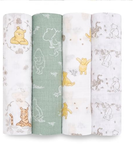 aden + anais essentials Pucktücheraus 100% Baumwoll-Musselin, Wickel- und Schmusedecke für Neugeborene und Kleinkinder, Baby-Wickeltuch für Mädchen und Jungen, 112x112cm, 4er-Pack, Winnie + Friends