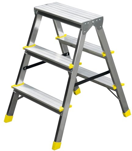 Bayersystem BS-DDA3 Beidseitige Trittleiter 2x3 Stufen, Aluleiter, bis 150 kg belastbar, Arbeitshöhe 2,64 m, klappbar, Anti-Rutsch-Füßen, Doppelstufenleiter für Haushalt, Silber/Gelb