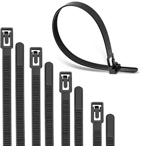 200 Pack of Reusable Cable Ties, Assorted Size, Releasable Zip Ties, Heavy Duty Round Ending No Hurt, Black Removable Tie Wraps Ultra Strong Durable (6+8+10+12 Inch Each Size 50 pcs)