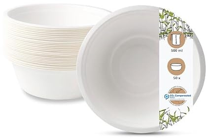 GREENBOX Einweggeschirr Schalen aus Zuckerrohr I kompostierbares, biologisch abbaubares Geschirr I Suppenteller Schälchen Pastateller Servierschale I 50x Suppenschale 500ml, rund 15cm, Weiß