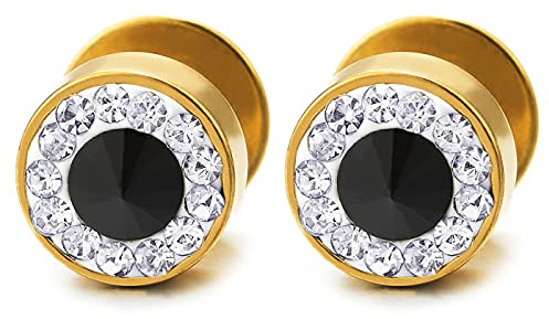 8MM Colore Oro Orecchini da Uomo Donna. Finto Dilatatore Fake Plug. Acciaio Inossidabile con Zirconi. 2 pezzi