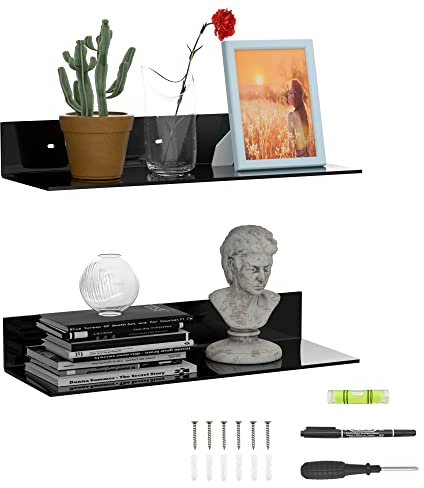 Sezanrpt 2er-Set Acryl Wandregale 43cm, Schwarz L Form schwimmend Regal, Acryl Eckregal, Perspex Wand Display Regale für Wanddekoration, Modellwagen, Kerze, Kalender, Handtuch, Tissue