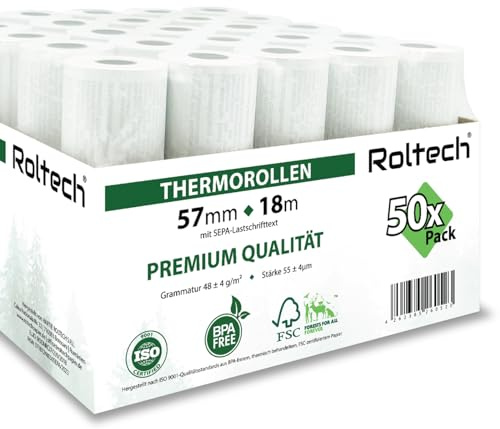 ROLTECH | 50 Thermorollen | 57mm x 18m x 12mm | mit SEPA-Lastschrifttext | für Ingenico, Verifone, CCV | EC Cash | Thermopapier | Bonrollen | Premium Qualität