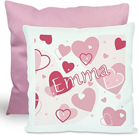 CreaDesign, Kinder Kissen 40x40 cm personalisiert mit Namen, Kinderzimmer Deko Kissen Kinder mit Füllung Federn, Motiv Herz rosa, Rückenfarbe Rosa