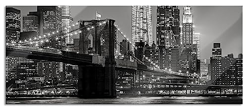 Pixxprint Glasbild Panorama, Wandbild aus Echtglas, New York City Skyline bei Nacht, 100x40 cm, inkl. Aufhängung und Abstandshalter