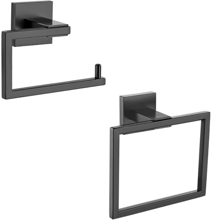 YACVCL 2 Pcs Towel Holder & Toilet Paper Holder Matte Black | Bathroom Hardware Set Stainless Steel Hand Towel Ring Bar Wall Mounted Towel Hanger Tissue Roll Holder for Kitchen Lavatory
