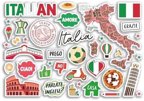 Feuille d'autocollants A5 en vinyle italien – Livre scolaire italien drapeau carte monuments étudiants projet voyage vacances scrapbooking #81079