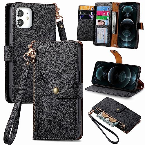 VEEMOS Zipper Wallet Case for Apple iPhone 12 / iPhone 12 Pro Phone Case with Purse Card Holders RFID Blocking Leather Flip Case Book Cover Wrist Strap Women - Black