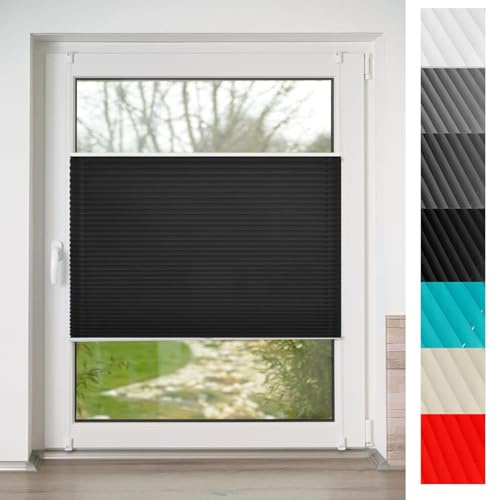 Plissee nach maß, Plissee zum Kleben 25 x 50 cm Blickdicht - Sichtschutz - Sonnenschutz Faltrollo mit Klemmträger easyfix 2 Bedienschienen aus Aluminium für Wohnzimmer, Schwarz