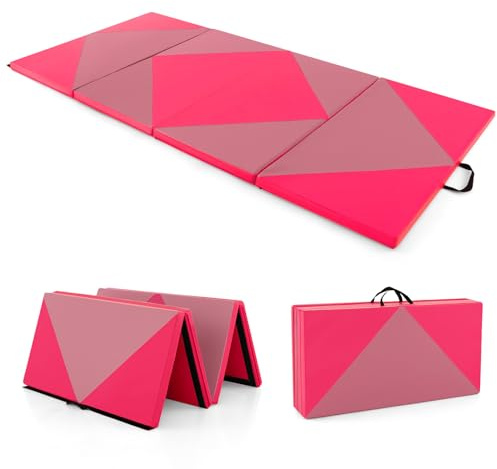 COSTWAY Colchoneta de Gimnasia Plegable 240 x 117 x 5 cm, Esterilla de Gimnasia de Piel PU para Ejercicio Aeróbico, Colchoneta Multifuncional para Gimnasio y Casa, Rosa Empolvado y Melocotón