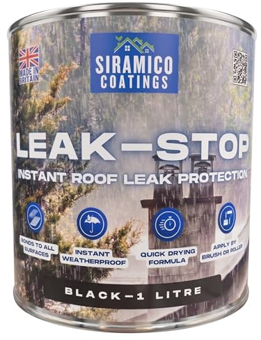 SIRAMICO COATINGS | Leak Stop Rapid Roof Repair BLACK Paint | 1 Litre | Instant Waterproof Roof Sealant | Perfect for Flat and Pitched Felt, Shed & Garage Roofs | Can Be Applied to Damp Surfaces