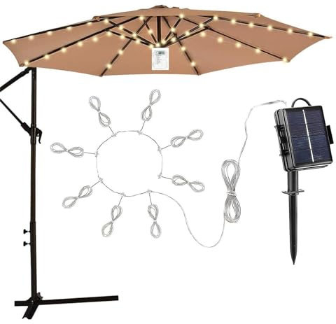 Luce solare per ombrello, luci per ombrello, luci a corda per ombrellone, a sbalzo, a LED, con 8 modalità di illuminazione, impermeabile, per feste di nozze, decorazione