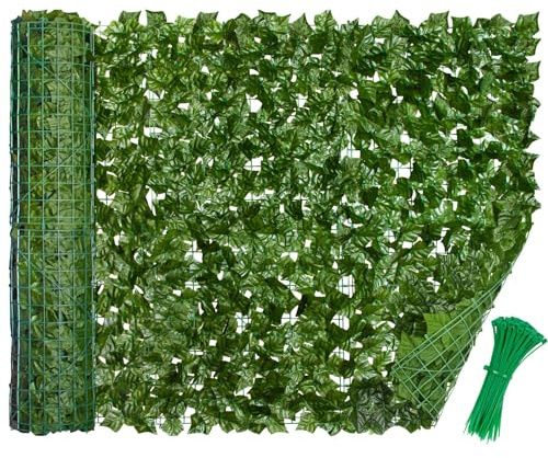 LEIVESTE Siepe Finta Per Recinzione,Recinzione Giardino Esterno,Frangivista Balcone, Copri Ringhiera Balcone,Rete Con Foglie Finte 40 fascetti verdi omaggio (Edera, 1 x 12 Mt)