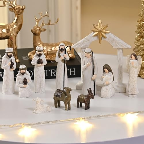 AOMOONOA White Nativity Set, Resin Small Christmas Nativity Figurine, 11Pcs Miniature Nativity Scene, Holy Family Manger Scene Tabletop Nativity Figurines for Christmas Indoor Decor