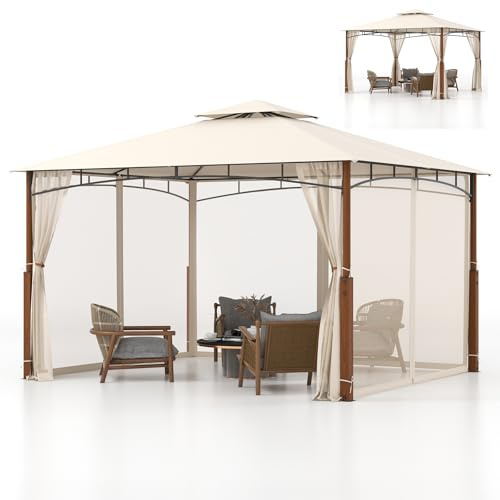 HOMASIS Pavillon 3,6 x 3 m, Gartenpavillon mit Doppeldach & 4 Moskitonetzen, Partyzelt mit Sonnenschutz, Gartenlaube mit 16 Erdnägeln & Metallrahmen, Beige