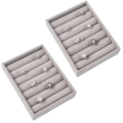 Nwvuop 2 Pack Ring Storage Tray, 7-Slots Stackable Jewellery Trays for Drawer Jewellery Ring Display 4.92× 3.74× 1 inches(Grey)