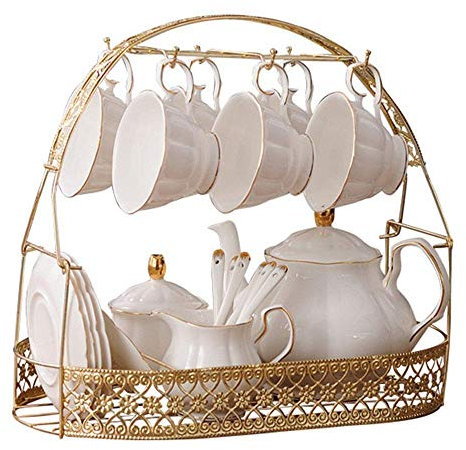 QUSYZD Set da tè 16 Pezzi con Finiture in Oro, Set da tè pomeridiano, Set da caffè, Servizio da caffè e tè in Porcellana Smaltata con portabicchieri, 6 Tazze, Set da tè in ceram,
