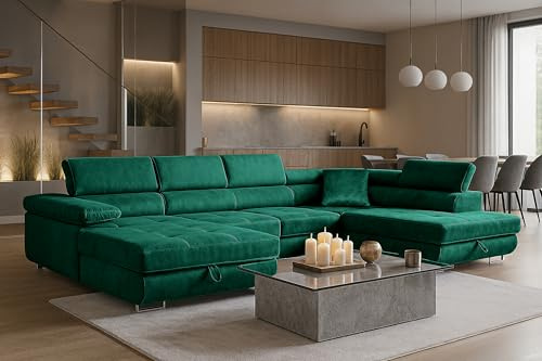 SOFILAND Wohnlandschaft Aller Moon U XXL-Ecksofa mit Schlaffunktion und Zwei Bettkästen. (Grün, Rechts)
