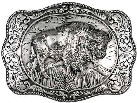 West style Bison Vintage Rectangle Buffalo Belt Buckle Scaloped Buckle （Silver Plated）