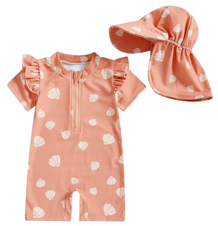 Geagodelia Baby Girl Swimming Toddler Girl One Piece Swimsuit Short Sleeve Bathing Suit Wetsuit Rashguard Summer Swimwear Sun Hat (Pink, 3-6 Months)