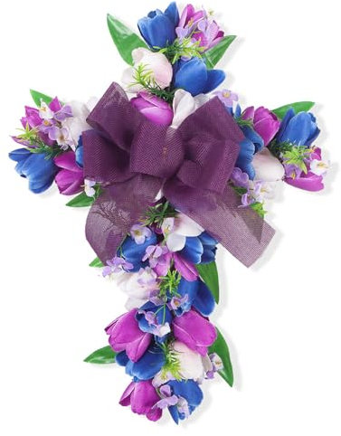 Wnvivi Künstlicher Osterkranz mit Tulpenblüten, Kreuzförmiger Tulpen-Türhänger-Kranz für Frühling, Sommer, Osterparty-Dekoration (Lila)
